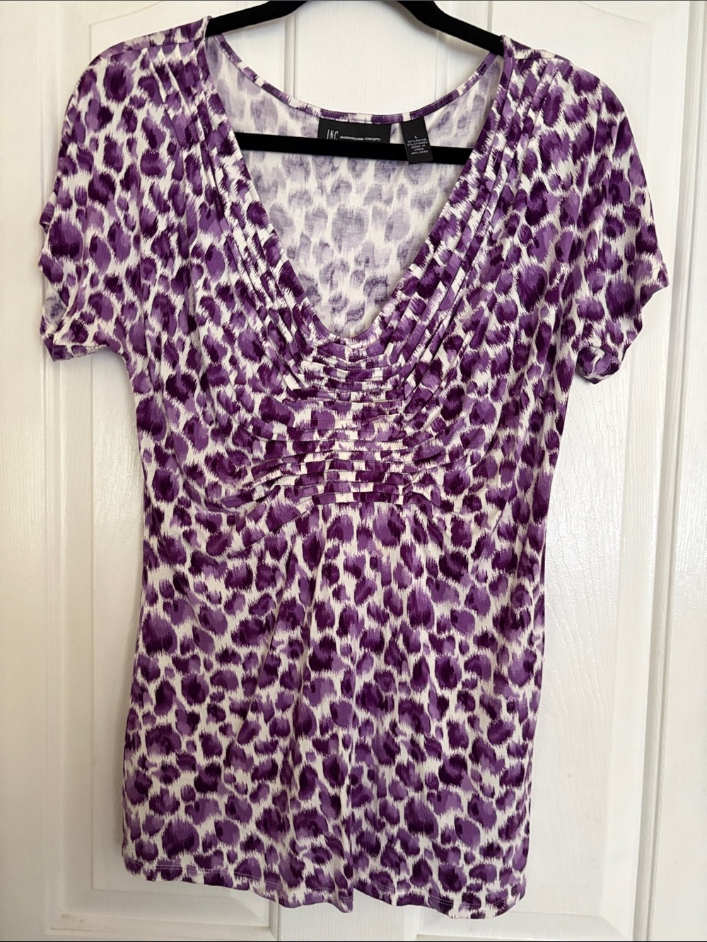 INC International Concepts Purple and White Animal Print Short Sleeve Top